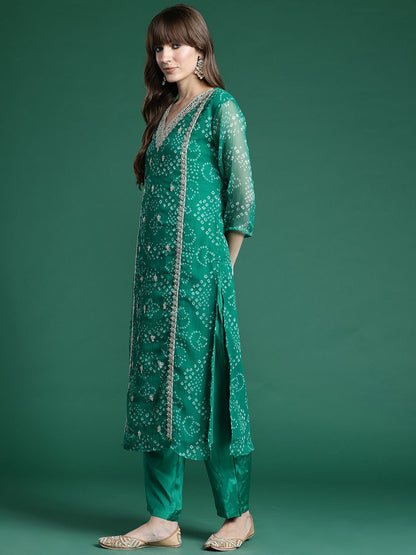 Indyancart IE Bandhani Printed Zari Panelled Kurta With Trousers & Dupatta