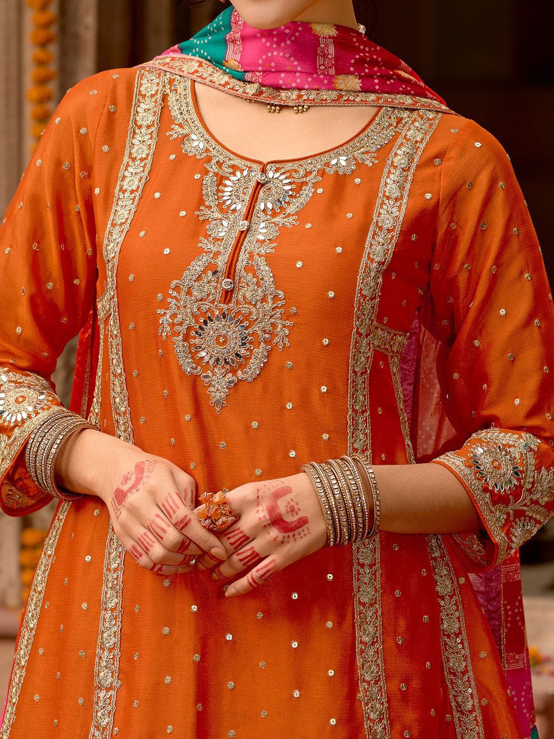 Indyancart IE Floral Embroidered Panelled Mirror Work A-Line Kurta With Palazzos & Dupatta