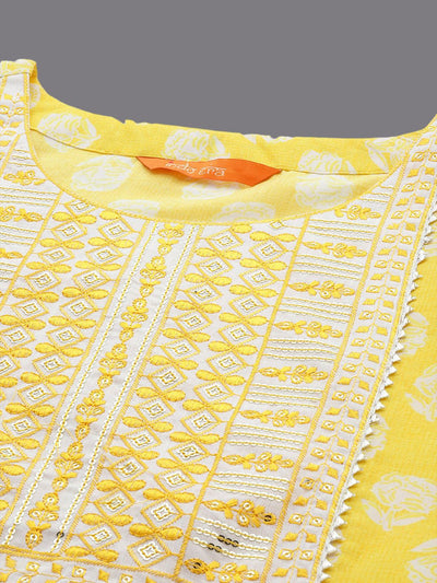 Dhiyona IE Floral Printed Three-Quarter Sleeves Sequinned Pure Cotton Straight Kurta Set