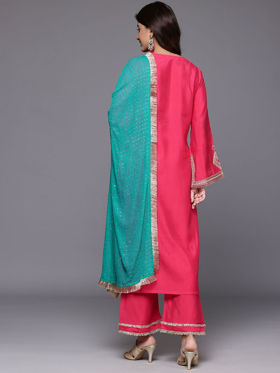 Indyancart VA Geometric Embroidered Mirror Work Straight Kurta with Palazzo & Dupatta