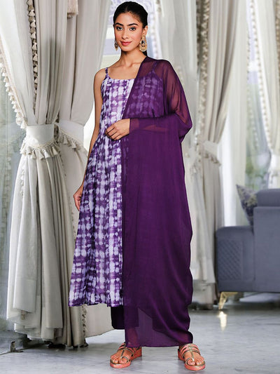Indyancart VA Women'sViolet Ombre Dyed Printed Chanderi Silk Anarkali Kurta With Trousers & Dupatta