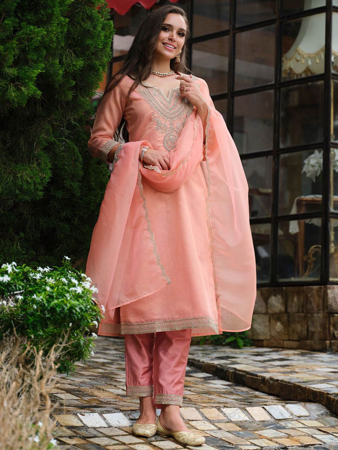 Indyancart IE Floral Yoke Design Notch Neck Straight Kurta With Trousers & Dupatta