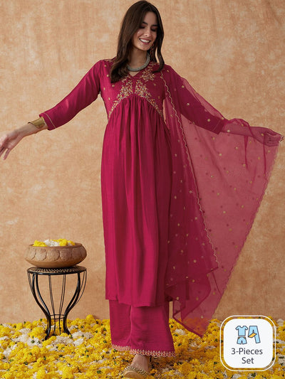 Indyancart SN Women's Embroidered Anarkali Kurta With Palazzo & Dupatta Set