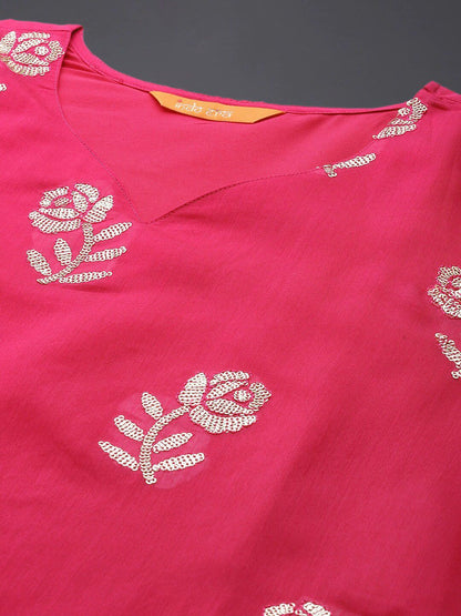 Dhiyona IE Women Pink & Gold-Toned Chanderi Cotton Kurta with Trousers & With Dupatta