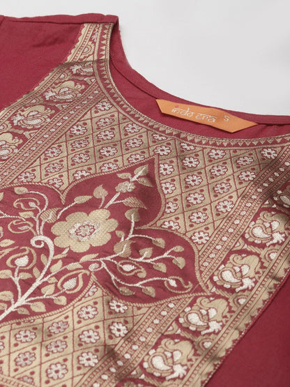 Dhiyona IE Women Maroon Yoke Design Regular Kurta with Palazzos & Dupatta