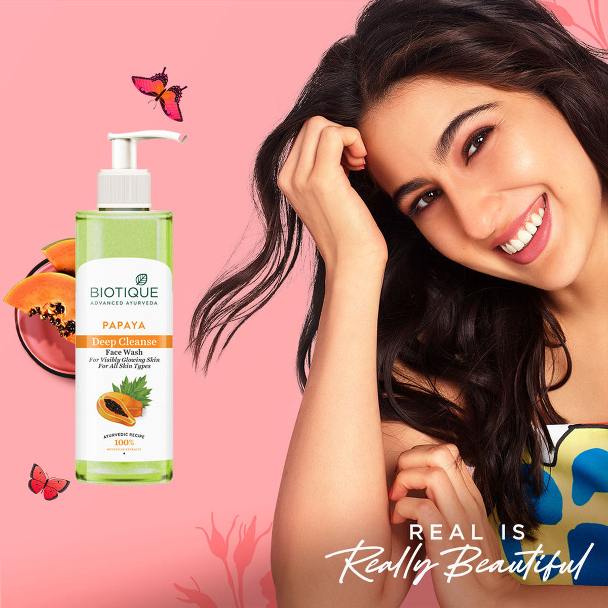 Biotique Bio Papaya Face Wash for all skin types, showcasing the tube with papaya extract and fresh ingredients.