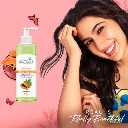Biotique Bio Papaya Face Wash for all skin types, showcasing the tube with papaya extract and fresh ingredients.