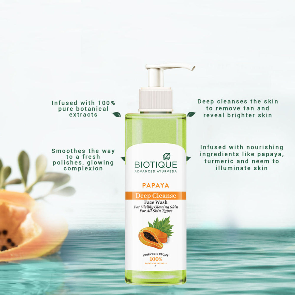 Biotique Bio Papaya Face Wash for all skin types with natural ingredients, showing a tube of the facial cleanser on a white background.