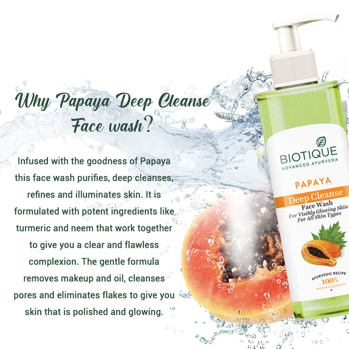 Biotique Bio Papaya Face Wash for all skin types, showing the tube packaging with papaya extract for a refreshing skincare routine.