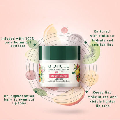 Biotique Fruit Brightening Lip Balm in a tube, featuring natural ingredients and a smooth, moisturizing texture.