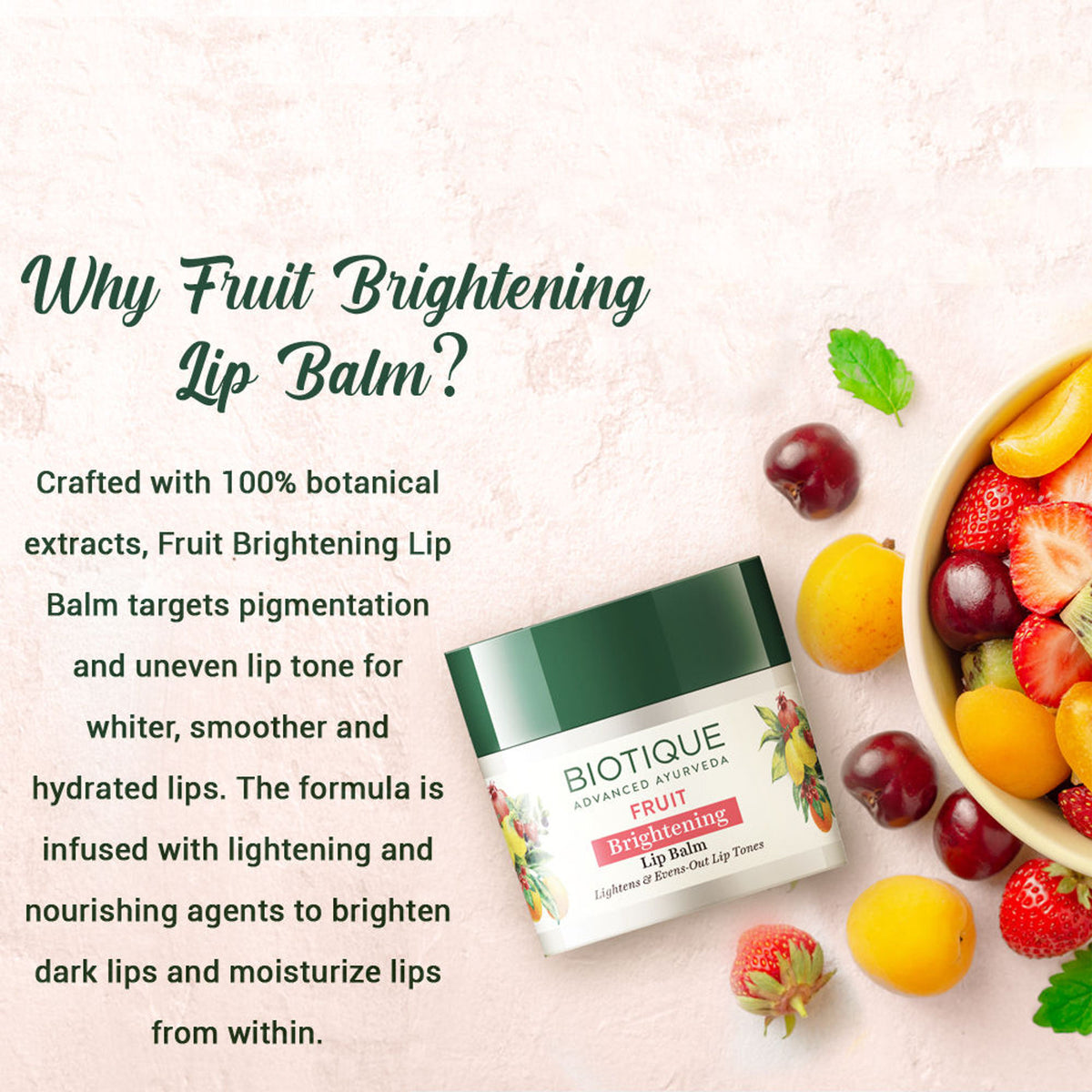 Biotique Fruit Brightening Lip Balm in a small tube, featuring natural fruit extracts for nourished, glowing lips.