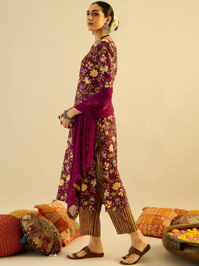 Dhiyona IE Floral Printed V-Neck Pure Cotton Straight Kurta With Trousers & Dupatta