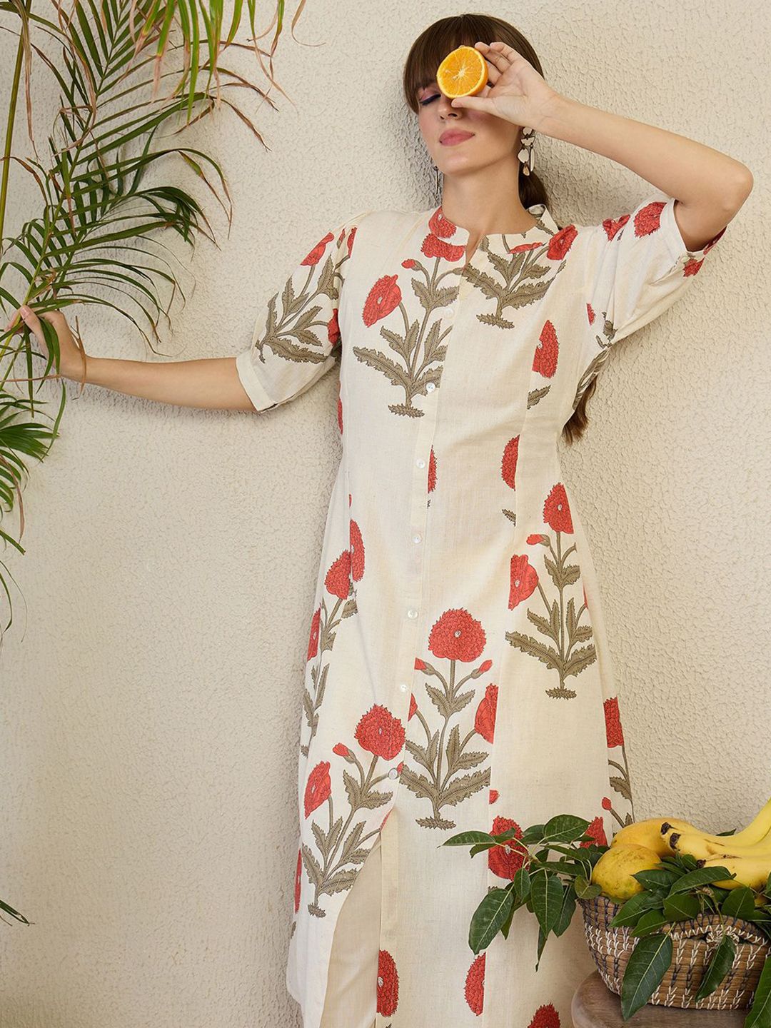 Indyancart IE Floral Printed Mandarin Collar A-Line Kurta