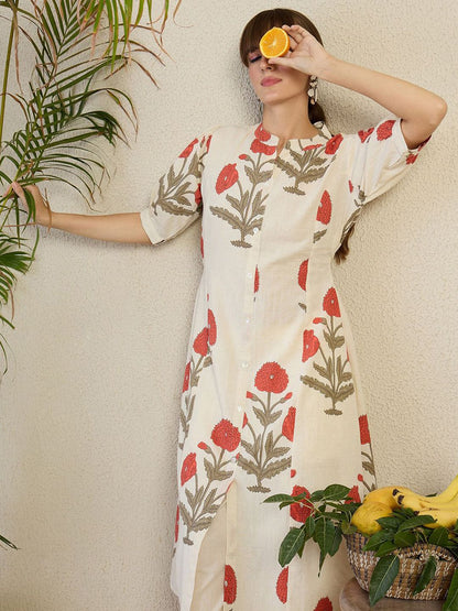 Indyancart IE Floral Printed Mandarin Collar A-Line Kurta