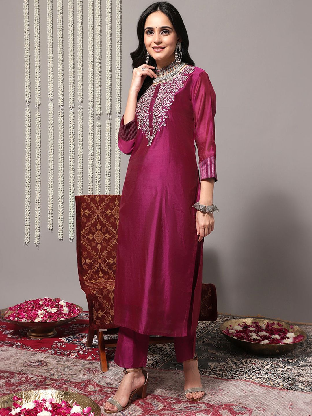 Indyancart VA Women'sMagenta Ethnic Motifs Yoke Design Thread Work Kurta Wth Trousers & With Dupatta