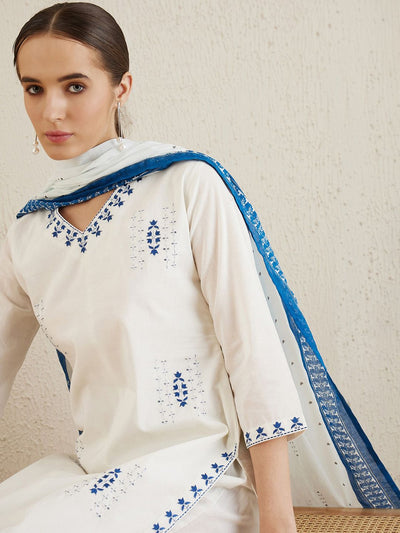 Indyancart IE V Neck Ethnic Embroidered Pure Cotton Straight Kurta with Trouser & Dupatta