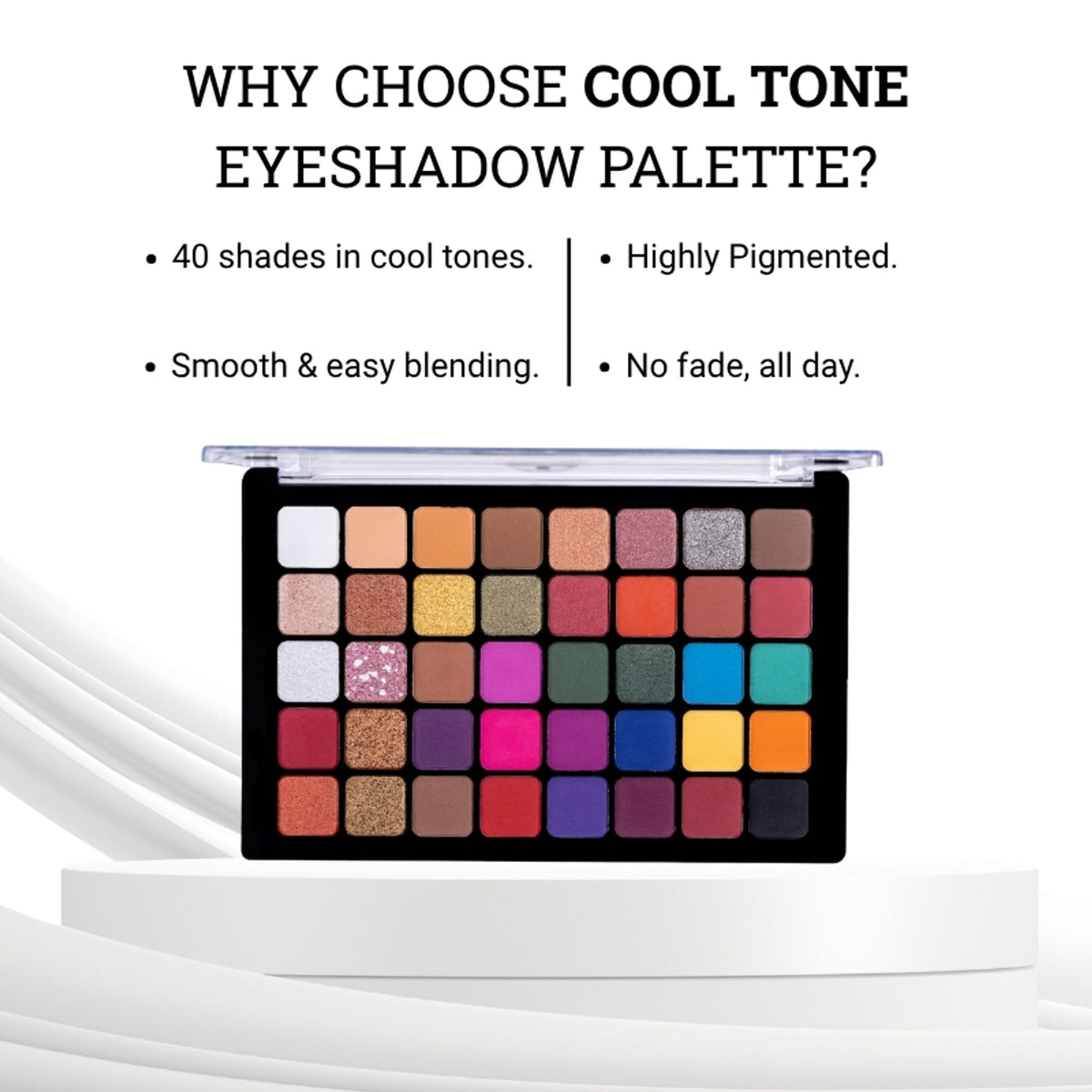 Europe Girl Cool Tone Eyeshadow Palette with 40 vibrant shades, featuring a variety of cool-toned eyeshadow colors displayed.
