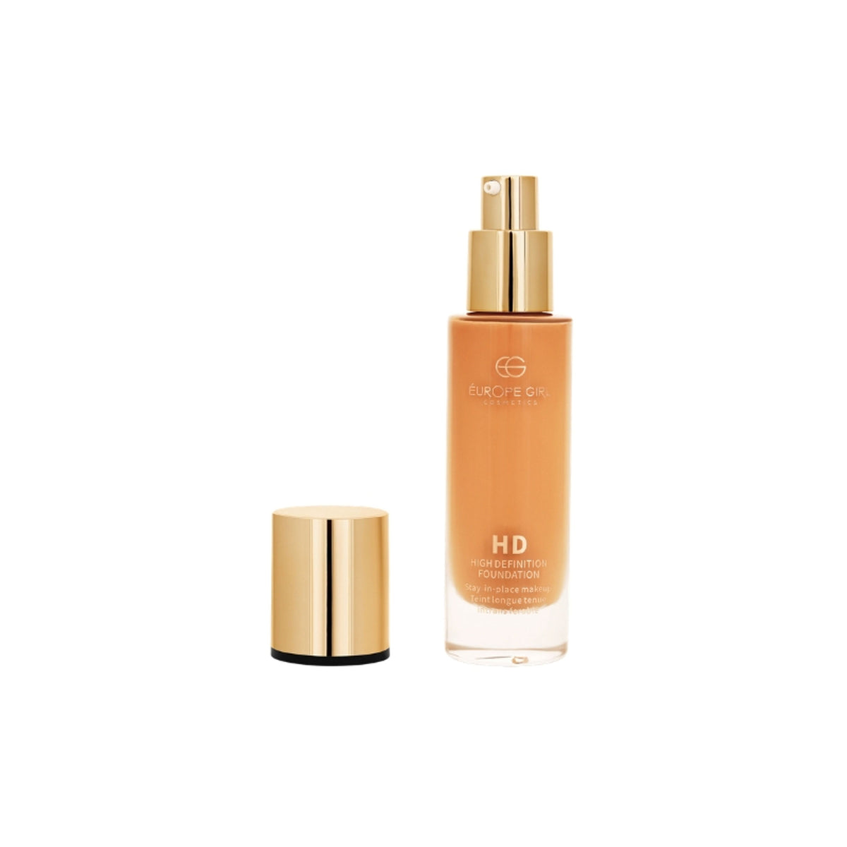 Europe Girl HD High Coverage Foundation in 80 Medium, showing a compact with creamy beige foundation for a flawless skin finish.