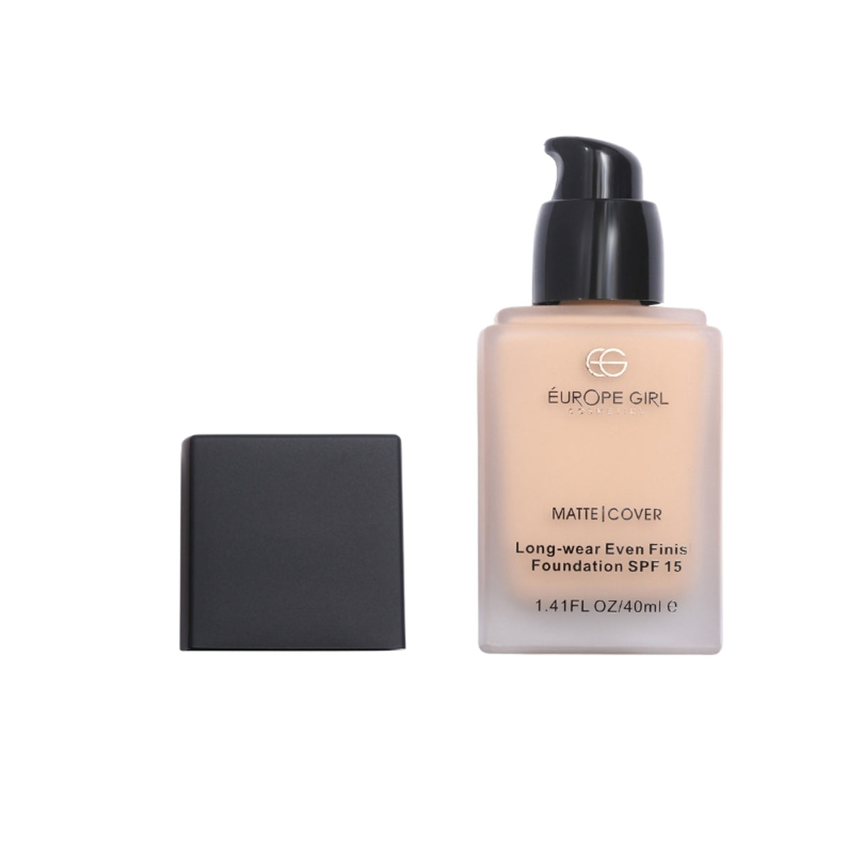 Europe Girl Matte Cover Foundation SPF 15 in 180 Medium Dark Natural Undertone, showing smooth, natural finish on skin.