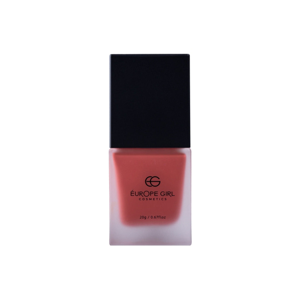 Europe Girl Cheek Dew Liquid Blush in EG-02 Cherry, showcasing a vibrant red liquid blush in a sleek bottle with a sponge applicator.