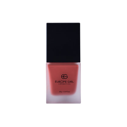 Europe Girl Cheek Dew Liquid Blush in EG-02 Cherry, showcasing a vibrant red liquid blush in a sleek bottle with a sponge applicator.