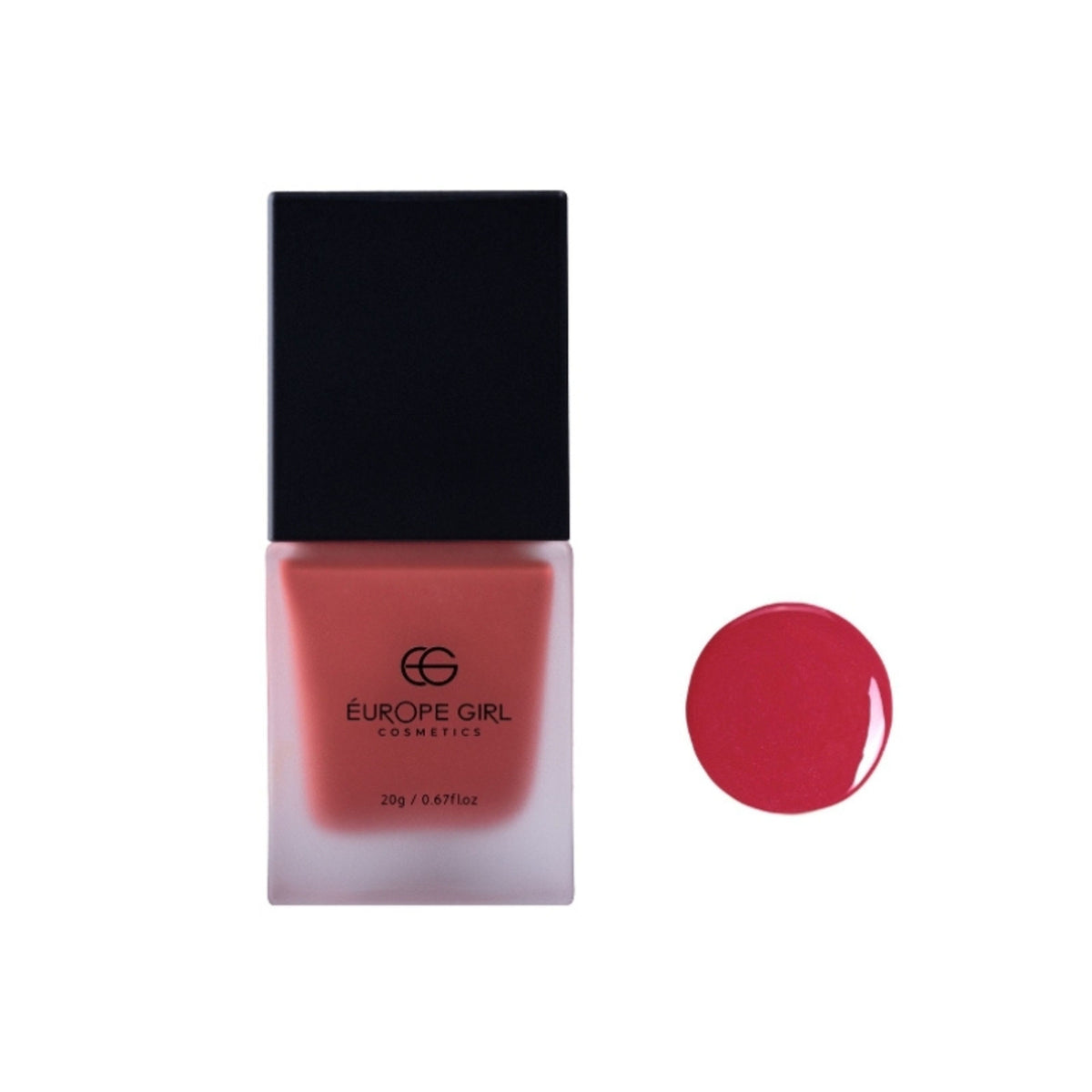 Europe Girl Cheek Dew Liquid Blush EG-02 Cherry in a sleek bottle with a doe-foot applicator, displaying vibrant cherry shade.