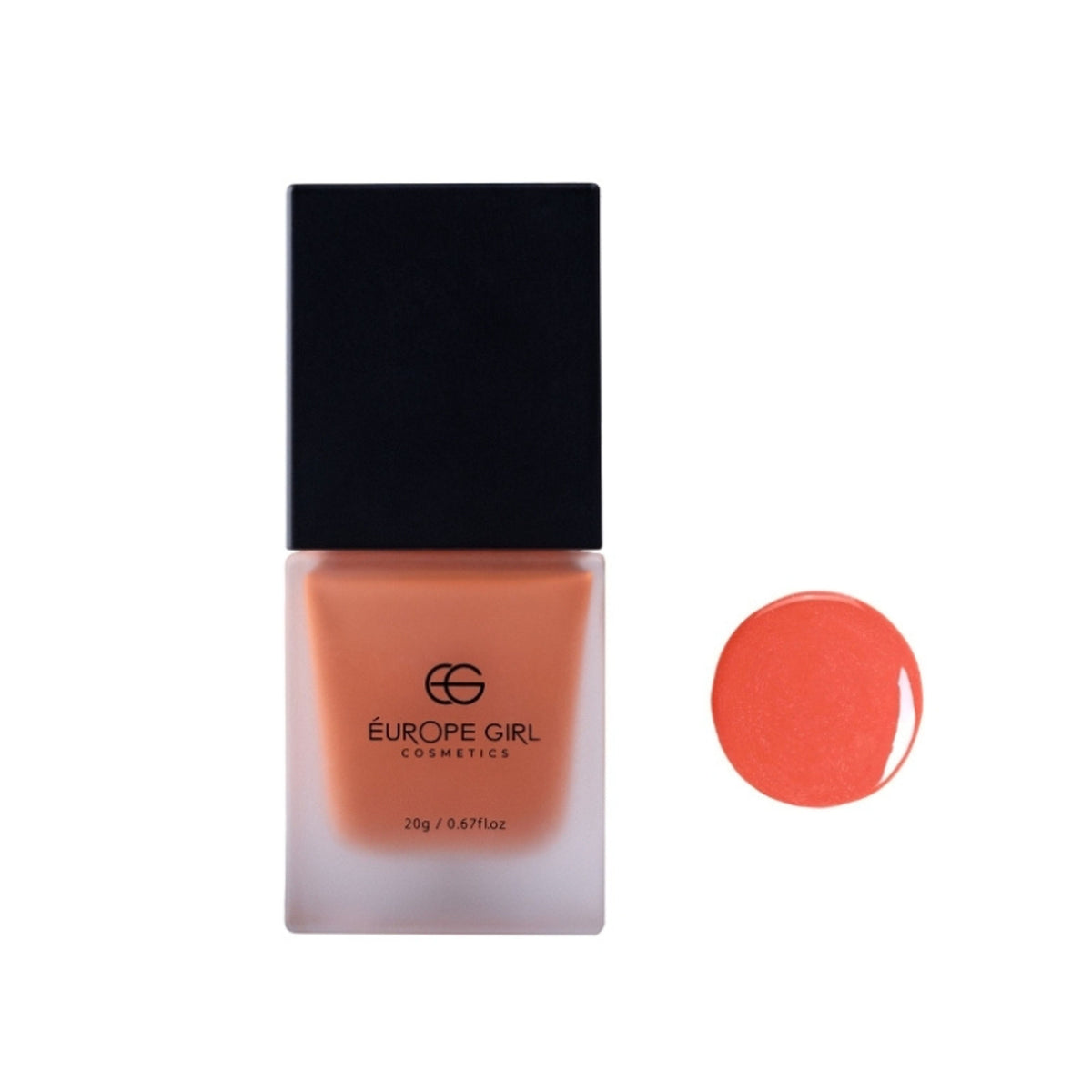 Europe Girl Cheek Dew Liquid Blush EG-03 Pink in a sleek bottle, showcasing its soft pink hue and smooth texture.