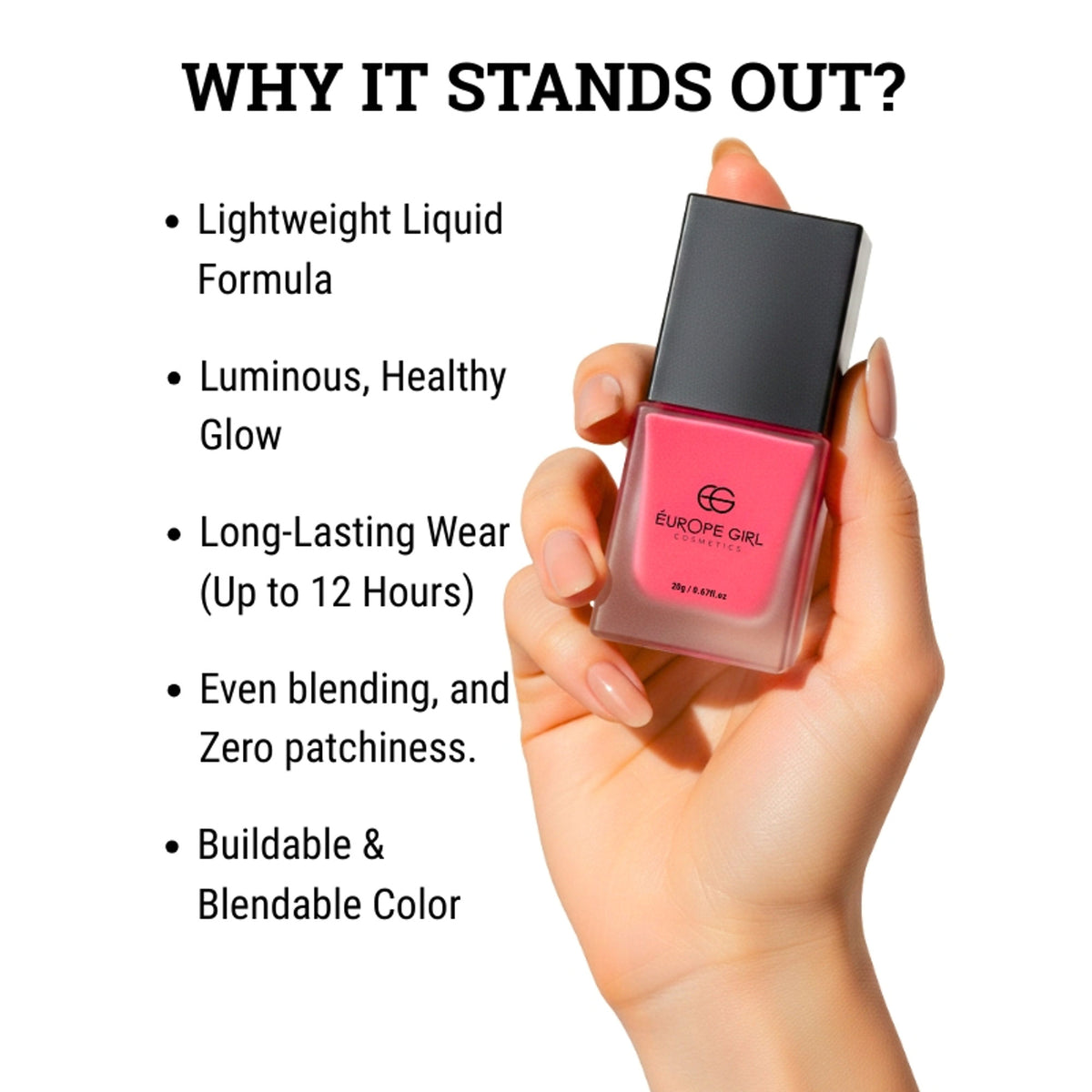 Europe Girl Cheek Dew Liquid Blush in EG-03 Pink, a soft pink liquid blush with a smooth, dewy finish.