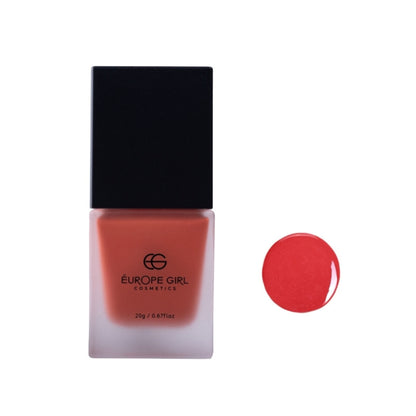 Europe Girl Cheek Dew Liquid Blush EG-04 Coral in a sleek bottle, showcasing vibrant coral color and smooth liquid texture.