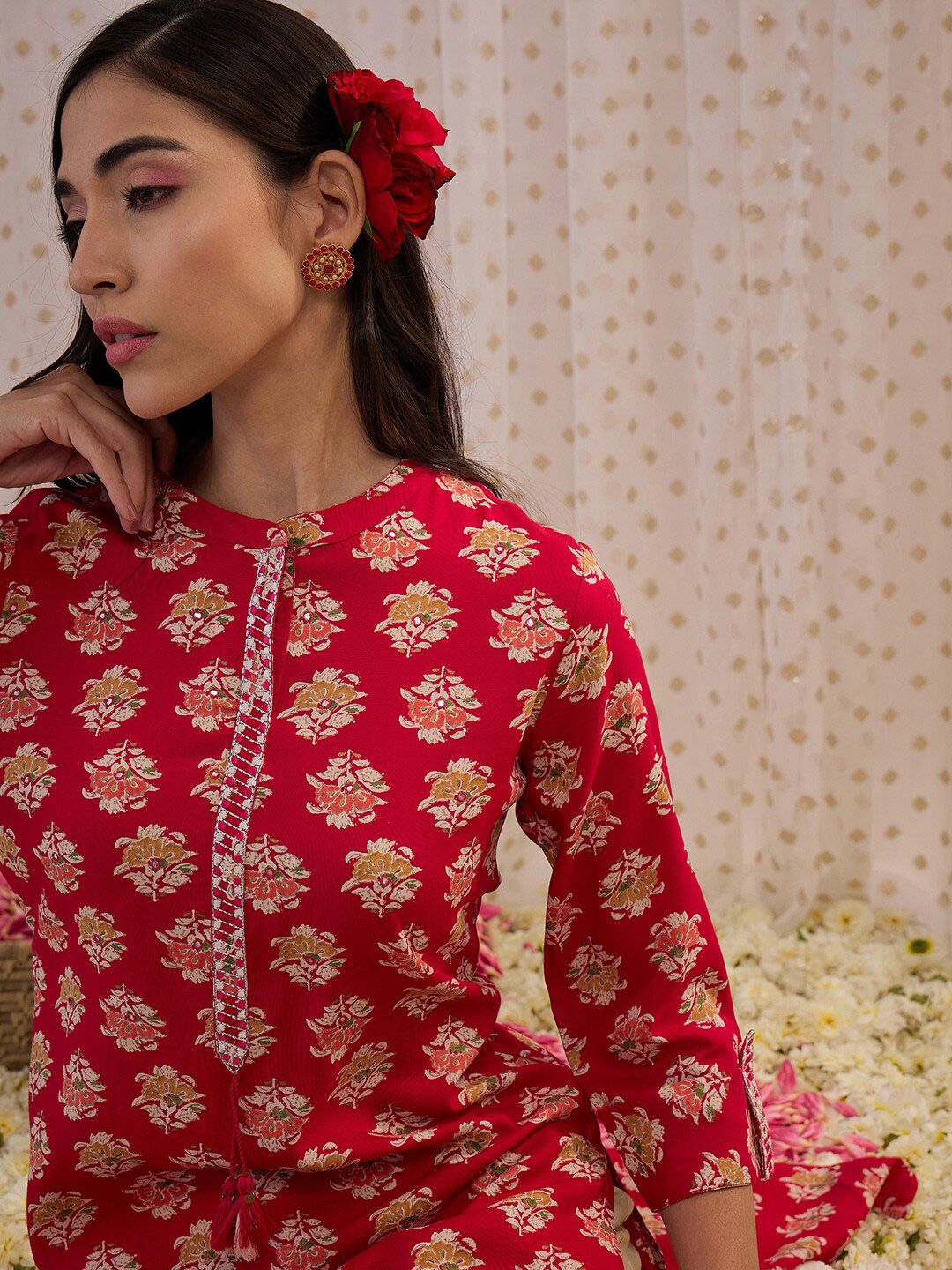 Indyancart IE Floral Printed Mandarin Collar Three-Quarter Sleeves Kurta