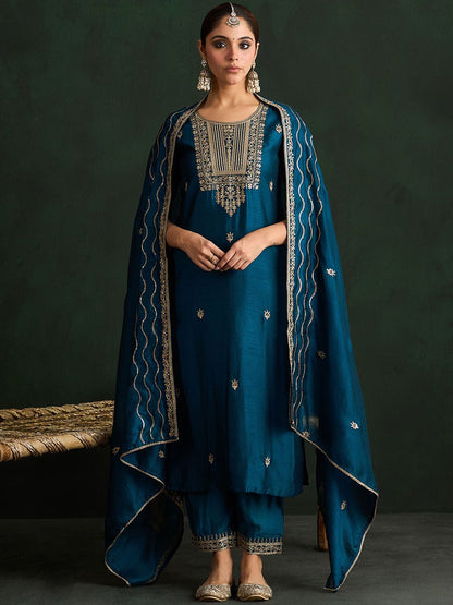 Indyancart IE Women Ethnic Motifs Embroidered Regular Kurta with Trousers & With Dupatta