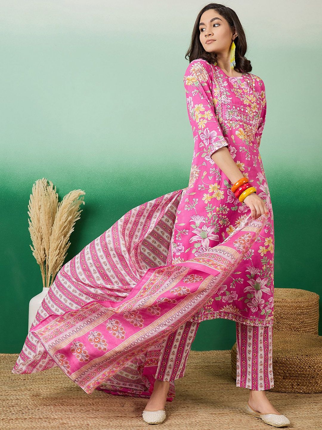 Indyancart SN Women's Printed Pure Cotton Straight Kurta With Trousers & Dupatta