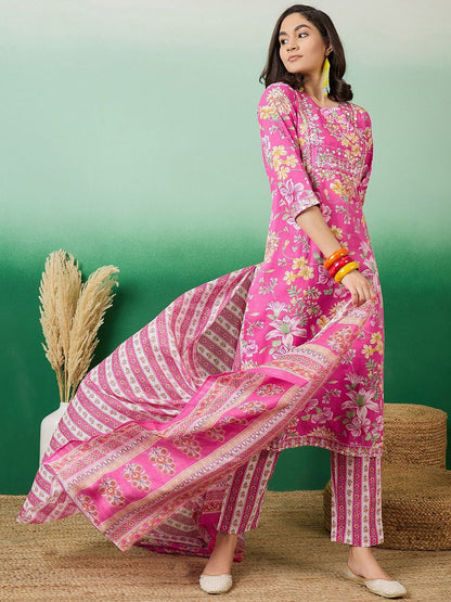 Indyancart SN Women's Printed Pure Cotton Straight Kurta With Trousers & Dupatta