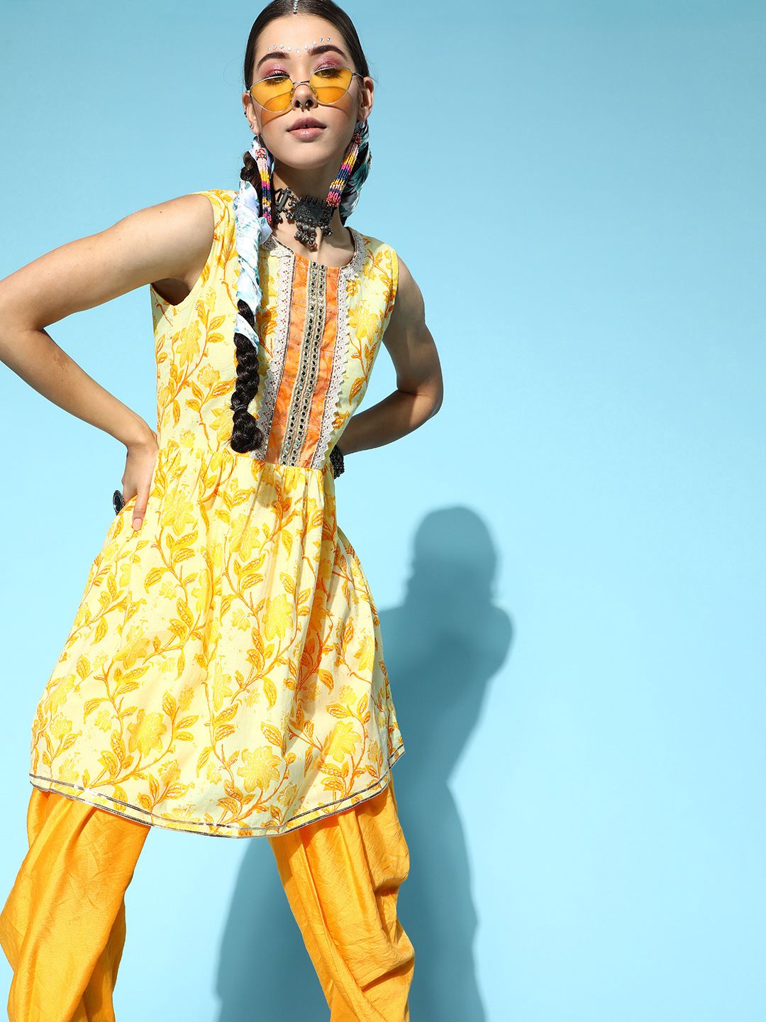 Dhiyona IE Women Yellow Floral Printed Kurta with Dhoti Pants