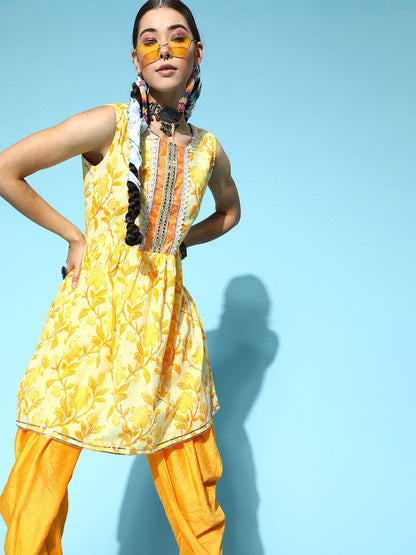 Dhiyona IE Women Yellow Floral Printed Kurta with Dhoti Pants