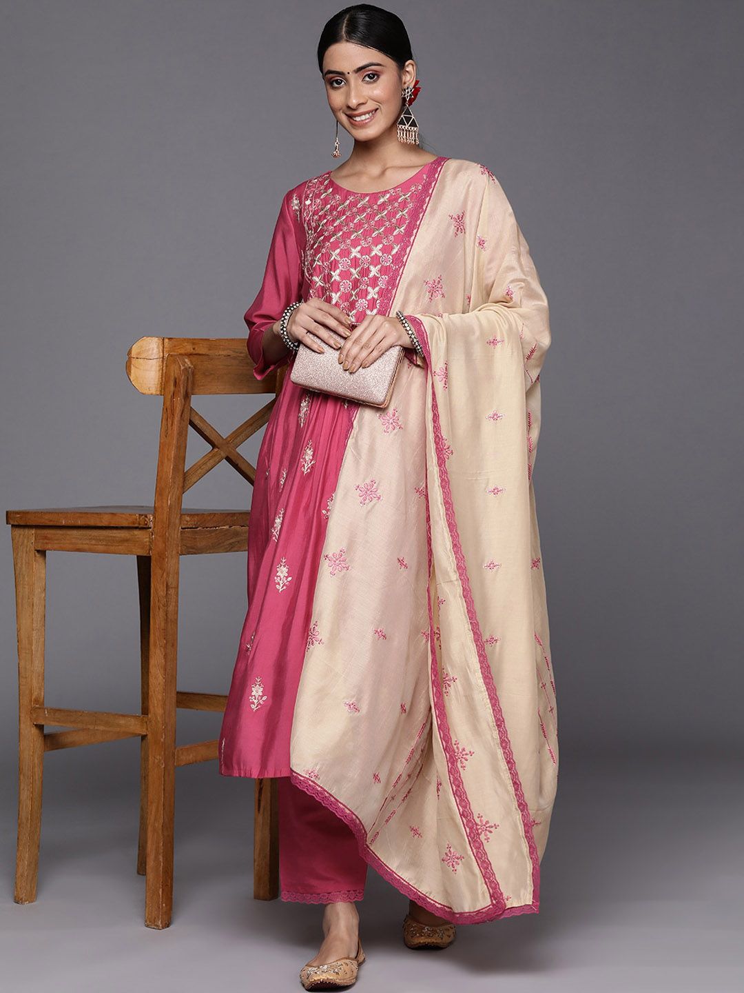 Indyancart VA Women'sEthnic Motifs Embroidered Sequined Kurta with Trousers & Dupatta