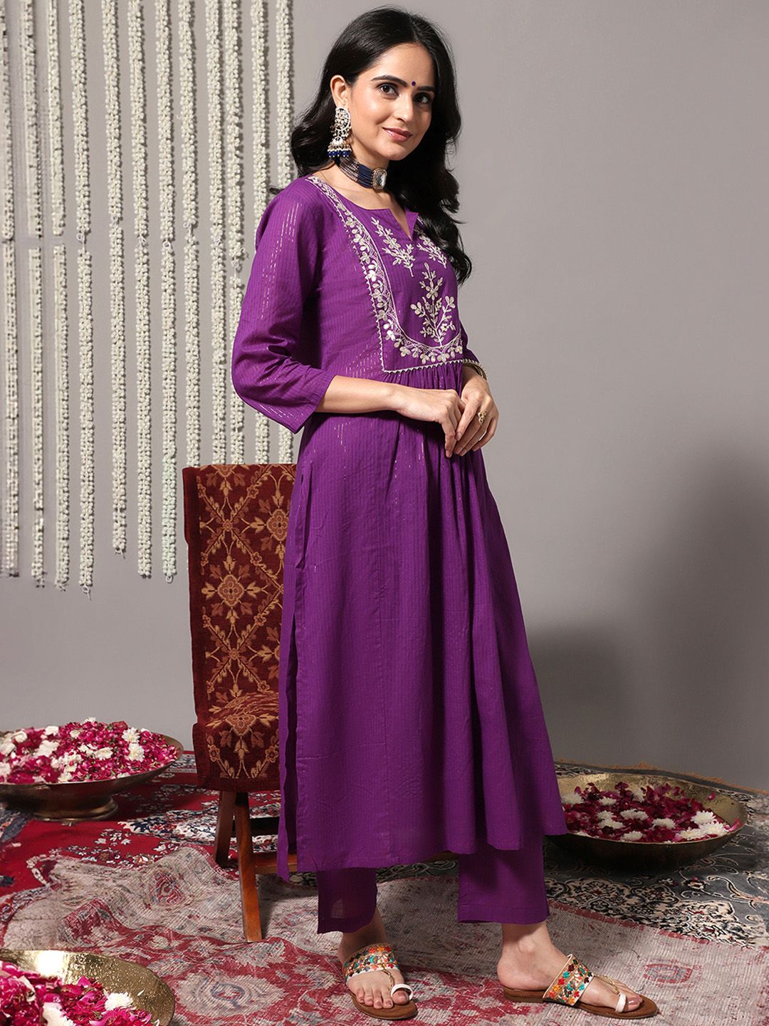 Indyancart VA Women's Purple Ethnic Motifs Yoke Design Pure Cotton Kurta with Trousers & Dupatta
