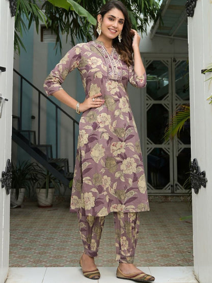 Indyancart VA Women'sFloral Printed Regular Mirror Work Pure Cotton Kurta with Salwar & Dupatta