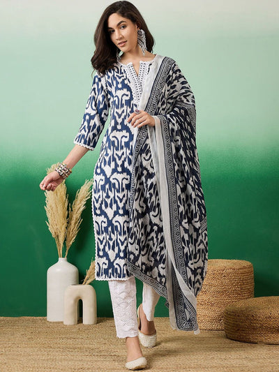 Indyancart SN Women's Printed Pure Cotton Straight Kurta With Trousers & Dupatta