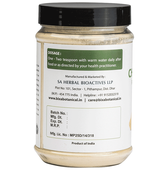 Bixa Botanical Chopchini Powder, Ayurvedic herbal powder in a clear jar with a white lid, used for traditional health remedies.