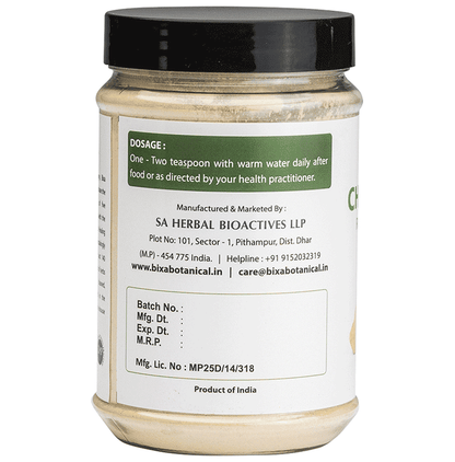 Bixa Botanical Chopchini Powder, Ayurvedic herbal powder in a clear jar with a white lid, used for traditional health remedies.