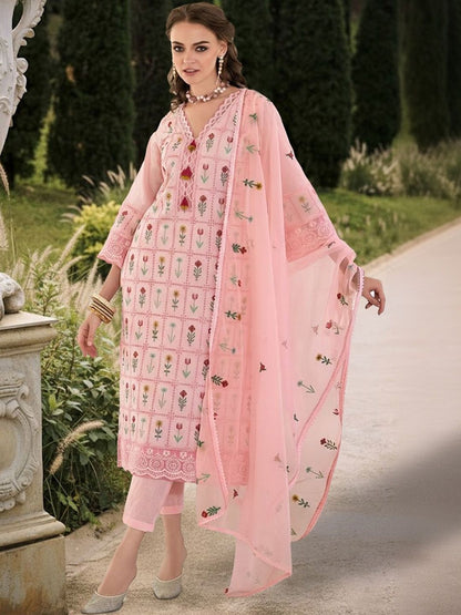 Women Floral Embroidered Regular Thread Work Pure Cotton Kurta with Trousers & With Dupatta