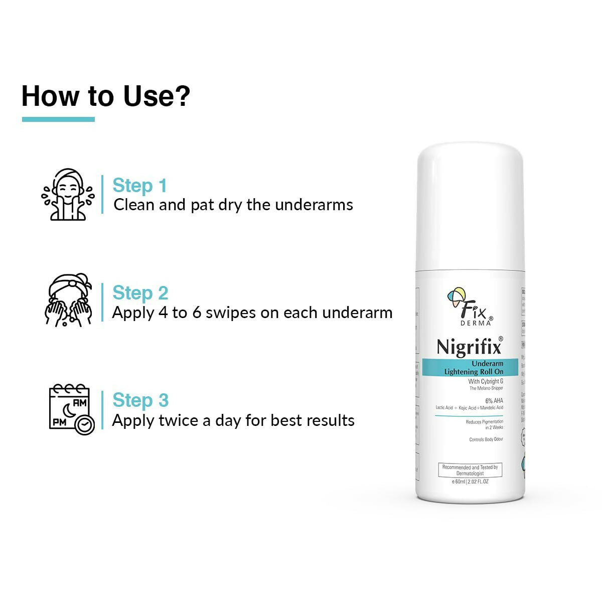 Fixderma Nigrifix underarm lightening roll-on with 6% AHA, lactic and mandelic acids, brightens and exfoliates underarm skin.
