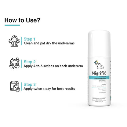 Fixderma Nigrifix underarm lightening roll-on with 6% AHA, lactic and mandelic acids, brightens and exfoliates underarm skin.