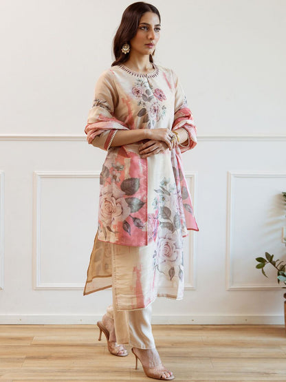 Indyancart IE Women Floral Printed Regular Kurta with Trousers Dupatta