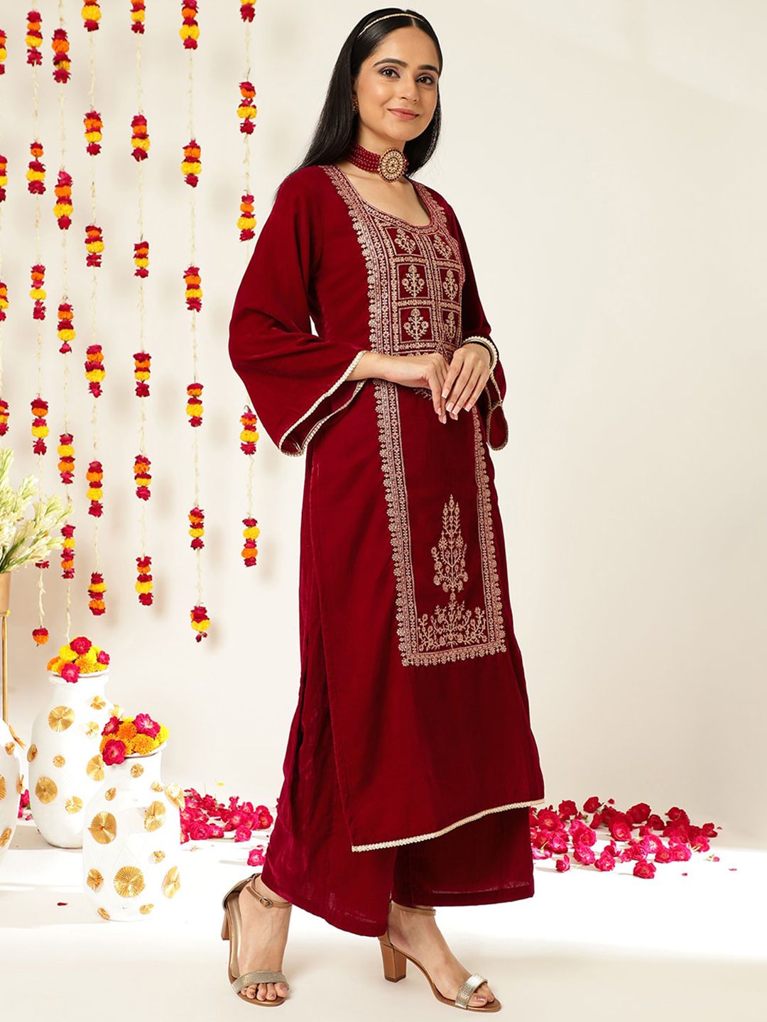 Indyancart VA Burgundy Ethnic Motifs Embroidered Velvet Kurta With Palazzos & Dupatta