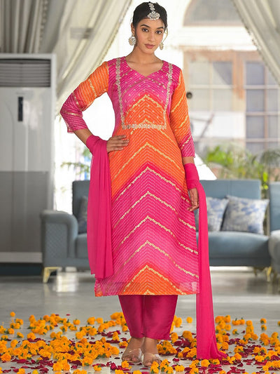 Indyancart VA Women'sBandhani Printed Regular Gotta Patti Kurta with Trousers & With Dupatta