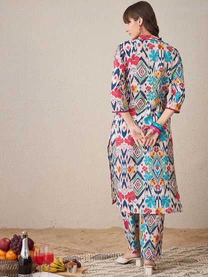 Dhiyona IE Floral Printed V-Neck Pure Cotton Tunic With Trouser