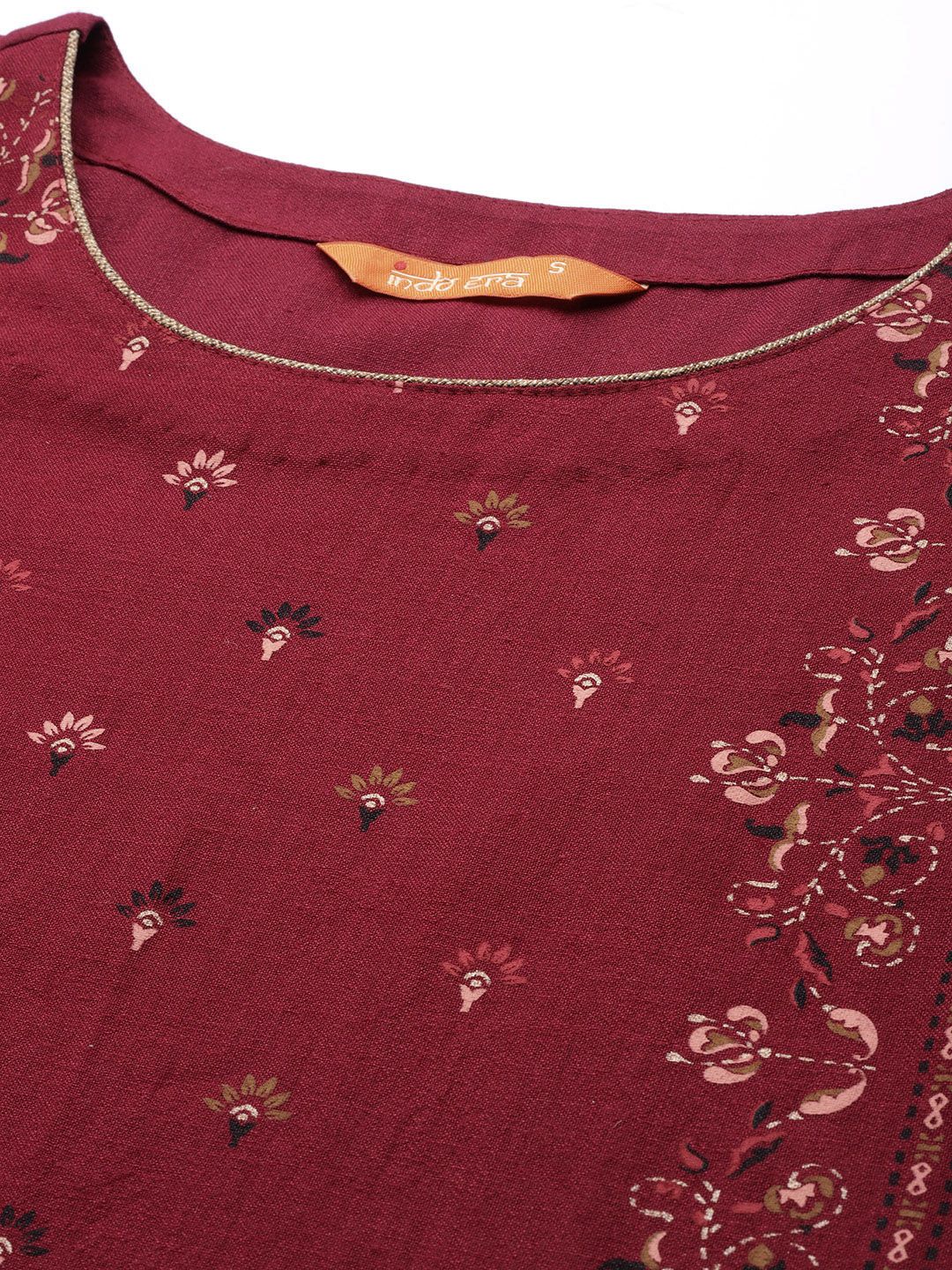 Indyancart IE Women Maroon Ethnic Motifs Foil Print Round Neck Regular Sleeves Straight Kurta
