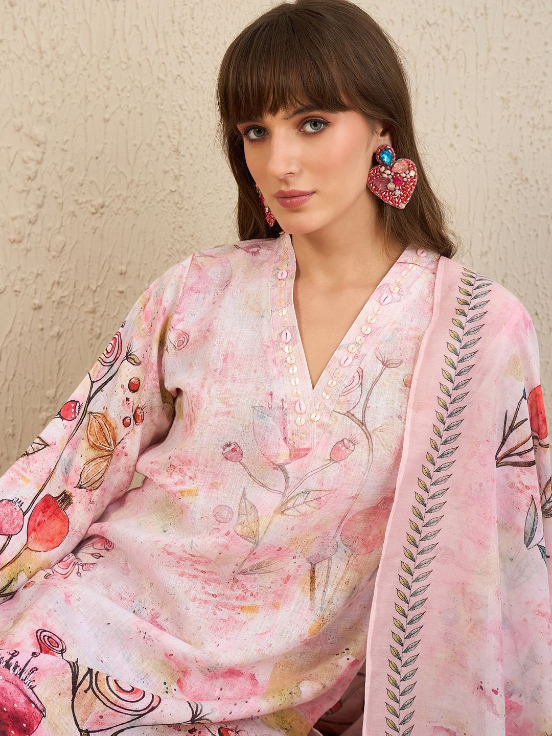 Indyancart IE Floral Printed V-Neck Chanderi Silk Straight Kurta With Trousers & Dupatta